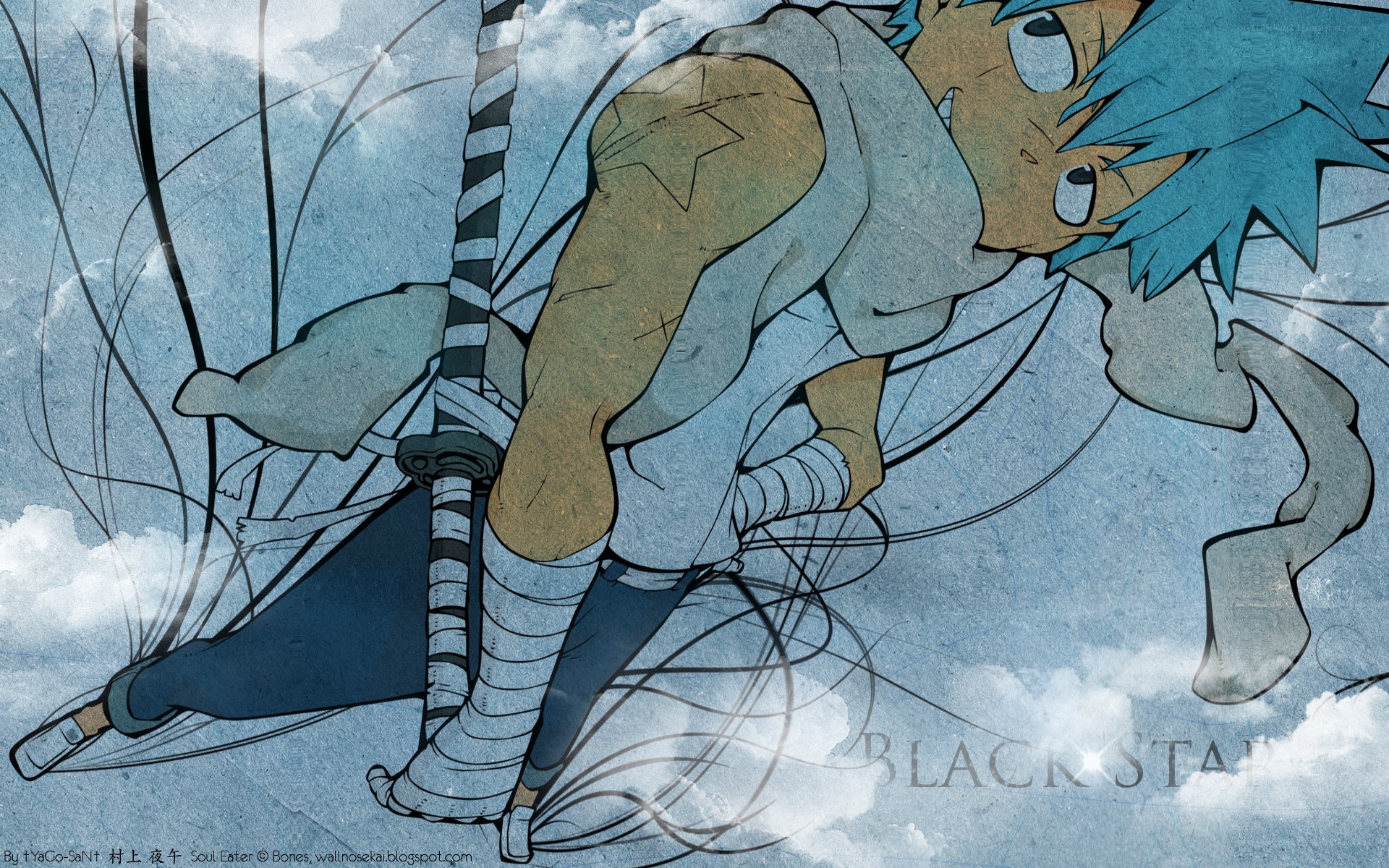 Blue-haired warrior in mid-air