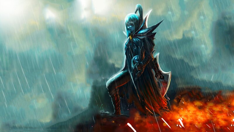 Blue-haired Warrior in Rain — Blue, Dramatic
