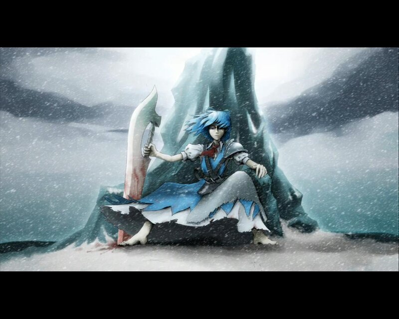 Blue-haired warrior in snowstorm