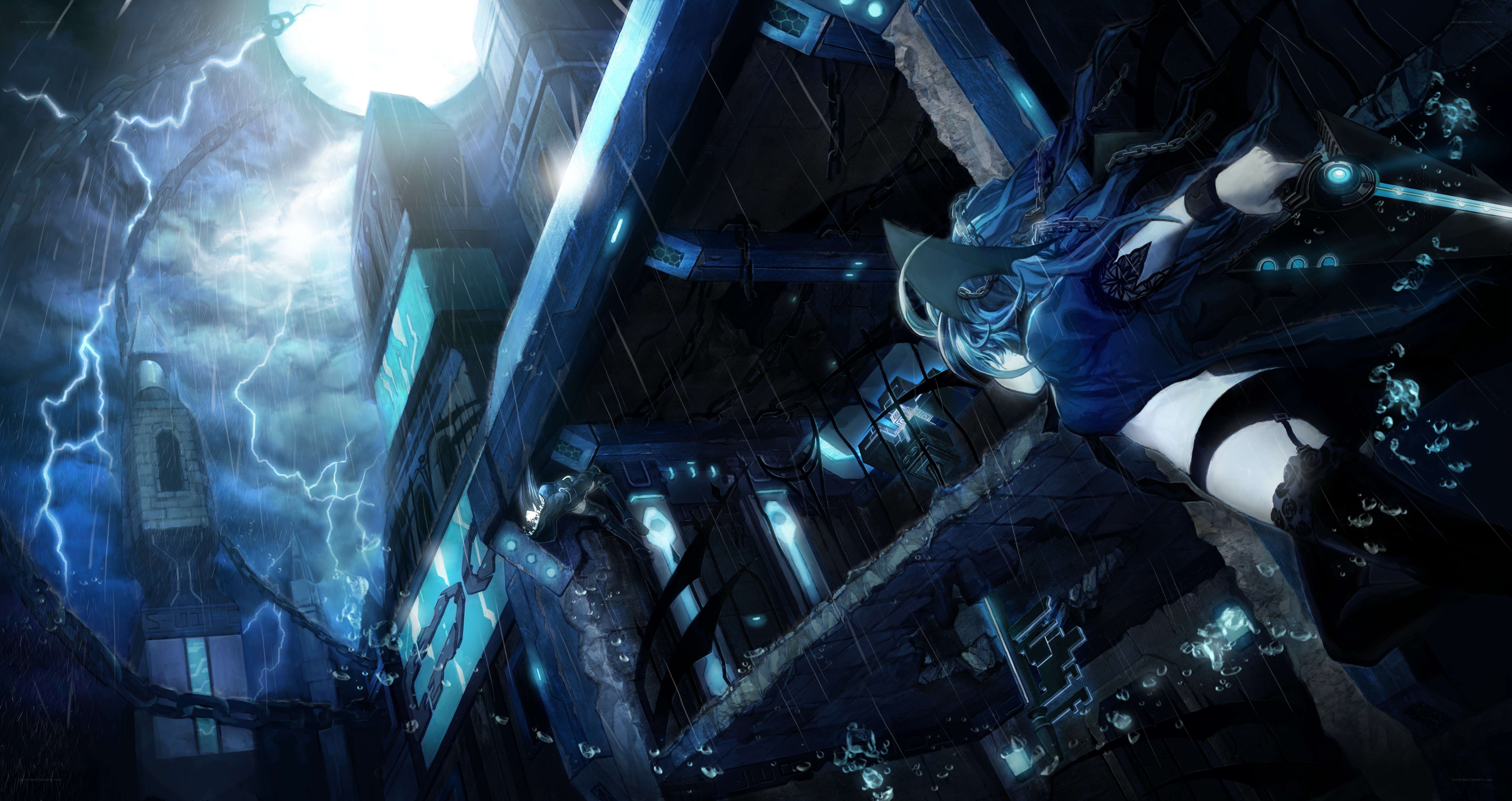 Blue-haired warrior in stormy city