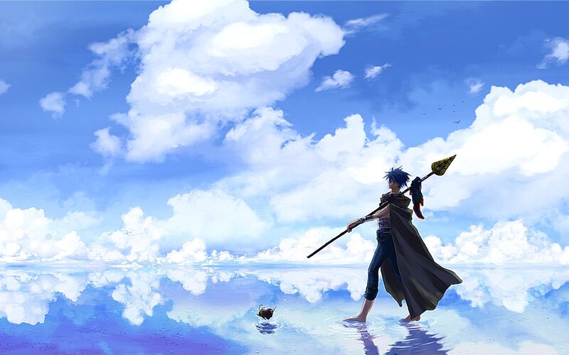 blue-haired warrior on a sea of clouds