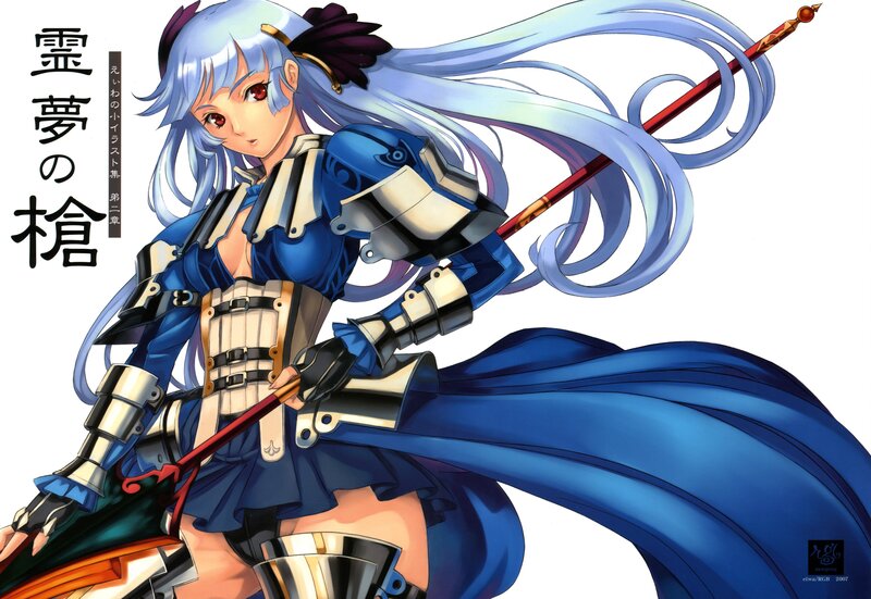 Blue-haired warrior with a spear