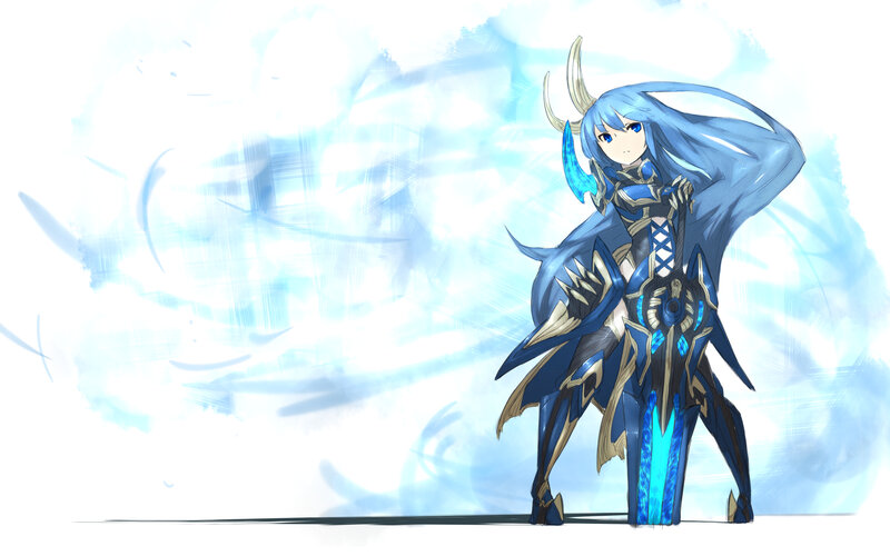 blue-haired warrior with armor
