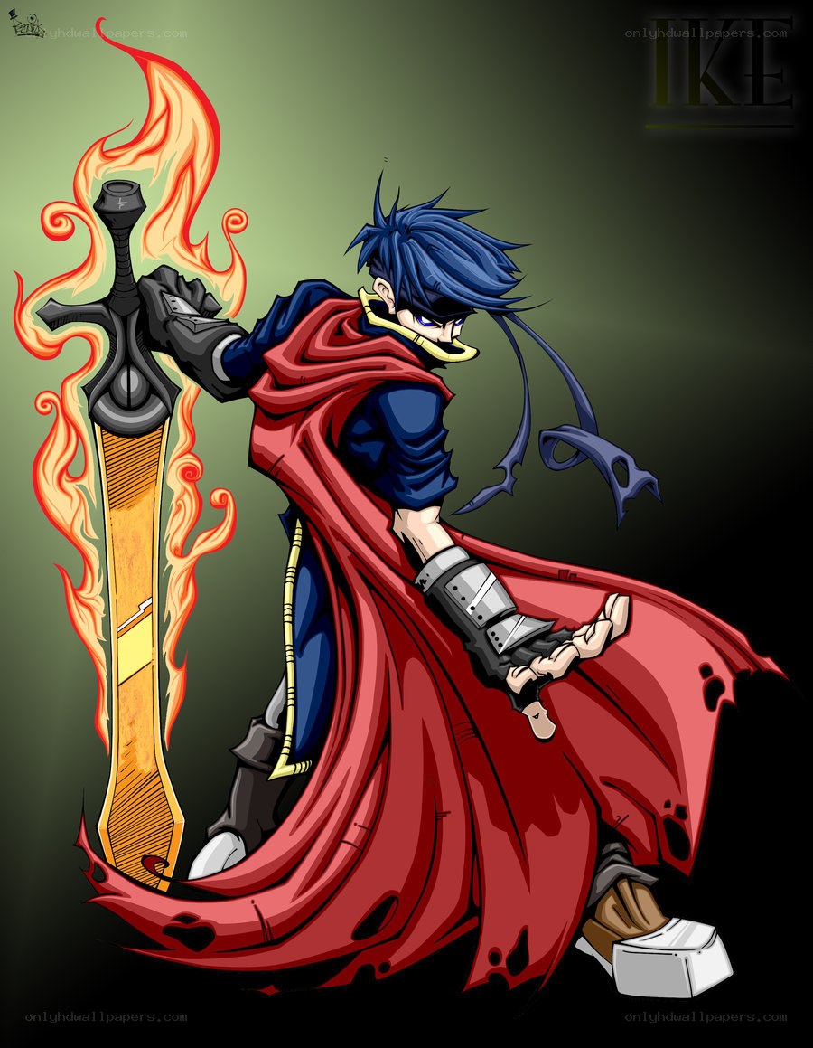blue-haired warrior with flaming sword