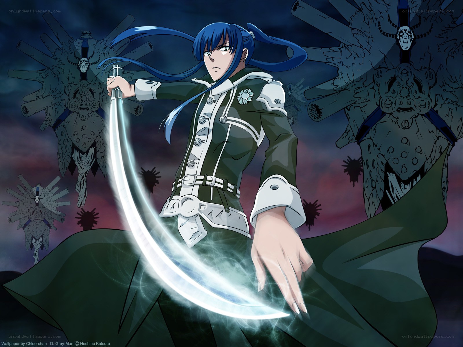 Blue-haired warrior with glowing scythe