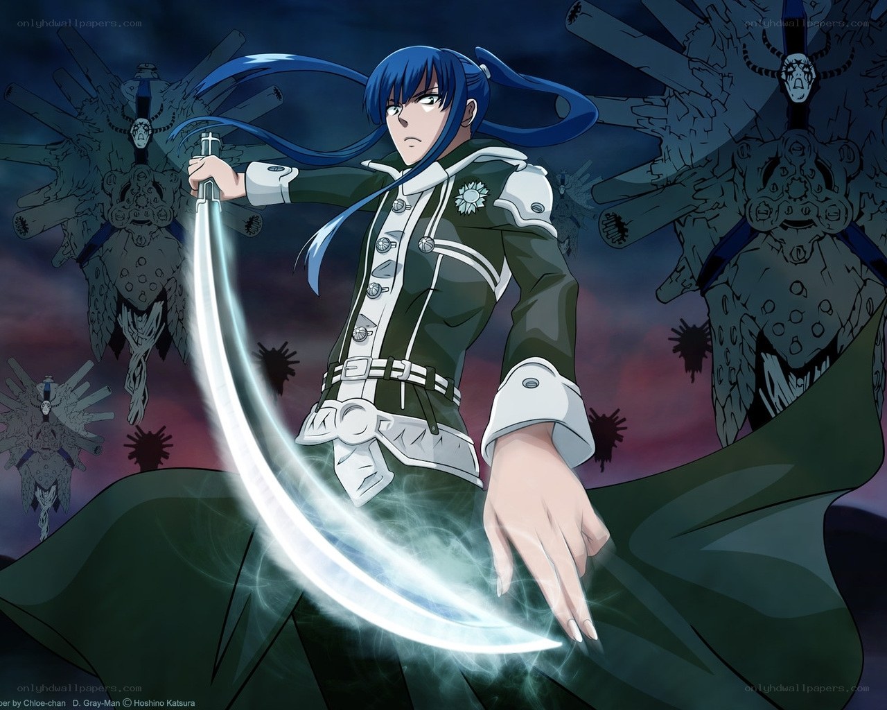 Blue-haired warrior with glowing sword