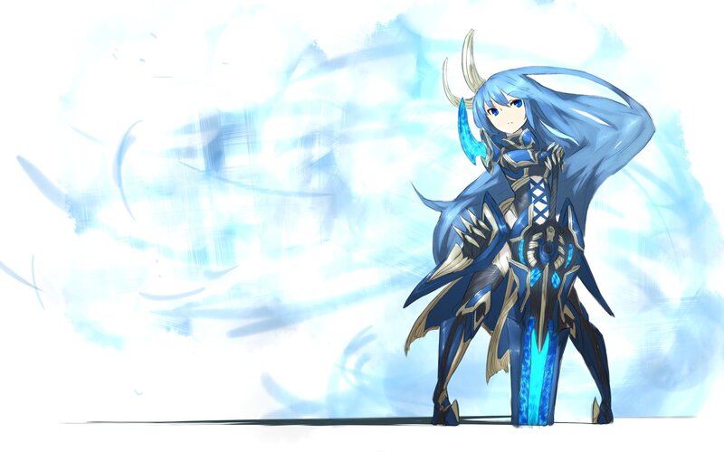 blue-haired warrior with horns