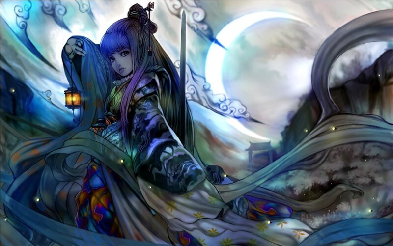 blue-haired warrior with lantern