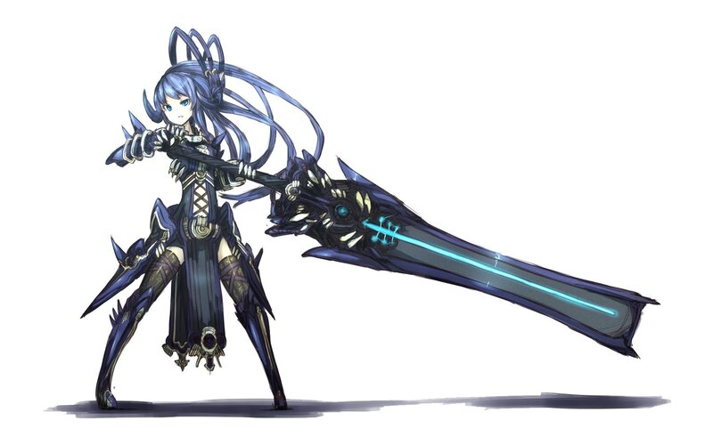 blue-haired warrior with large sword