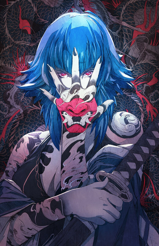 Blue-haired Warrior with Mask