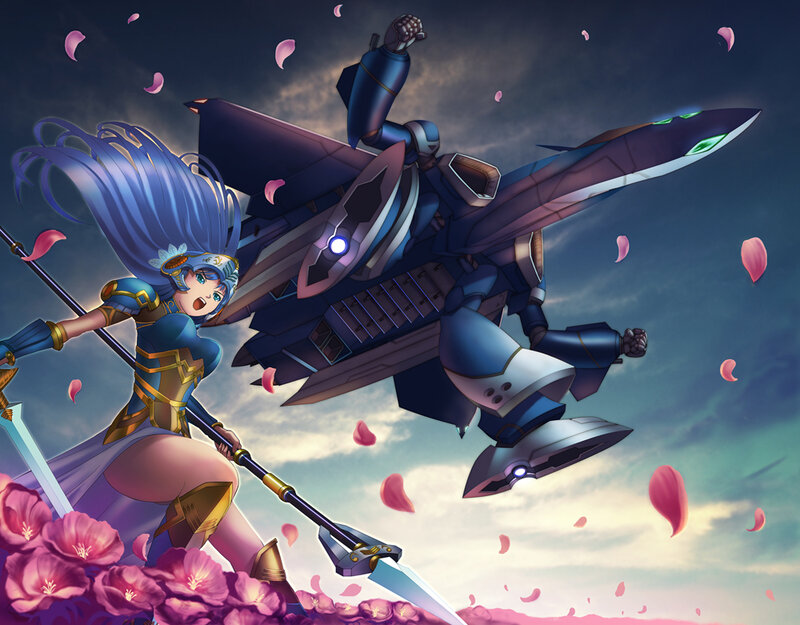 Blue-haired Warrior with Mech
