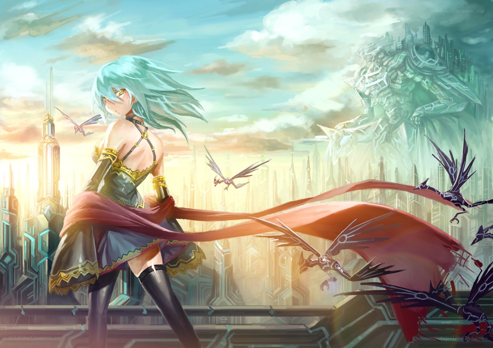 Blue-haired warrior with red cape