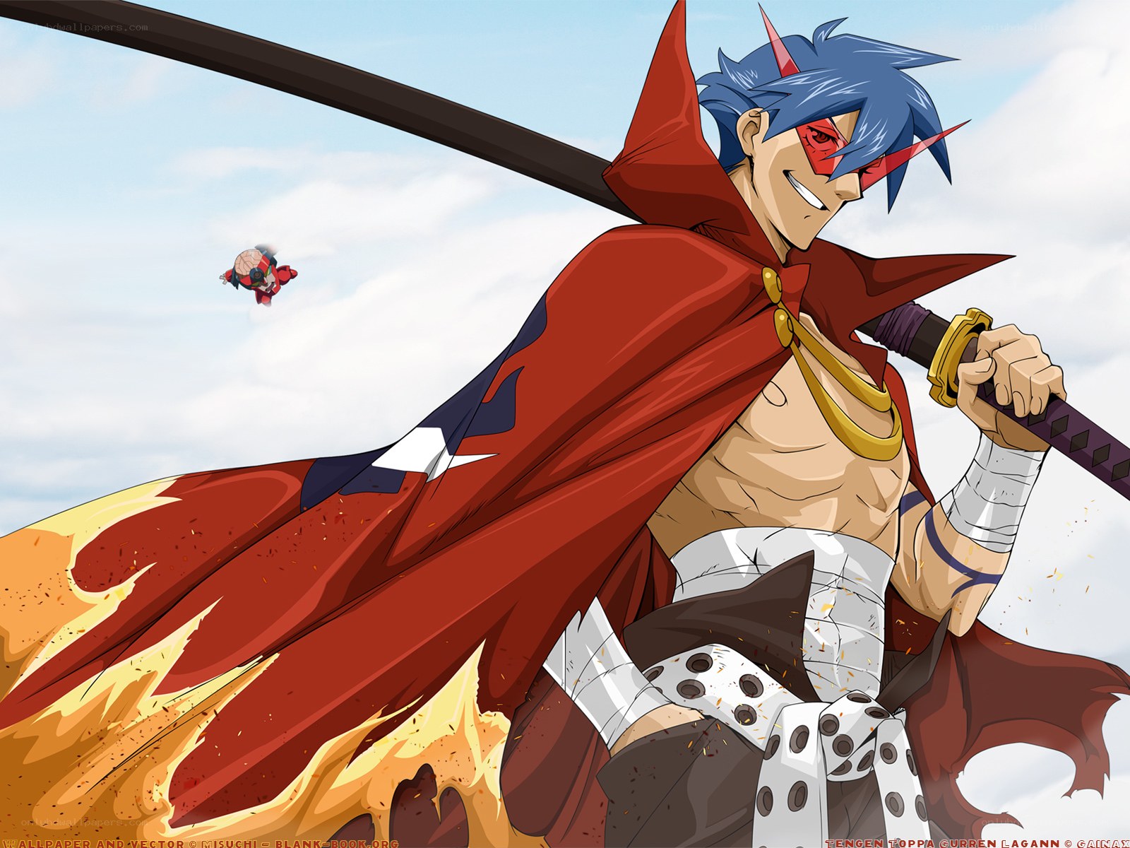 Blue-haired warrior with red cloak