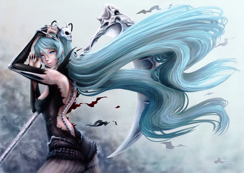 blue-haired warrior with skeletal weapon