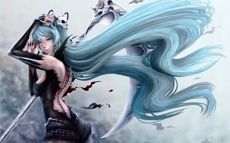 blue-haired warrior with skull staff