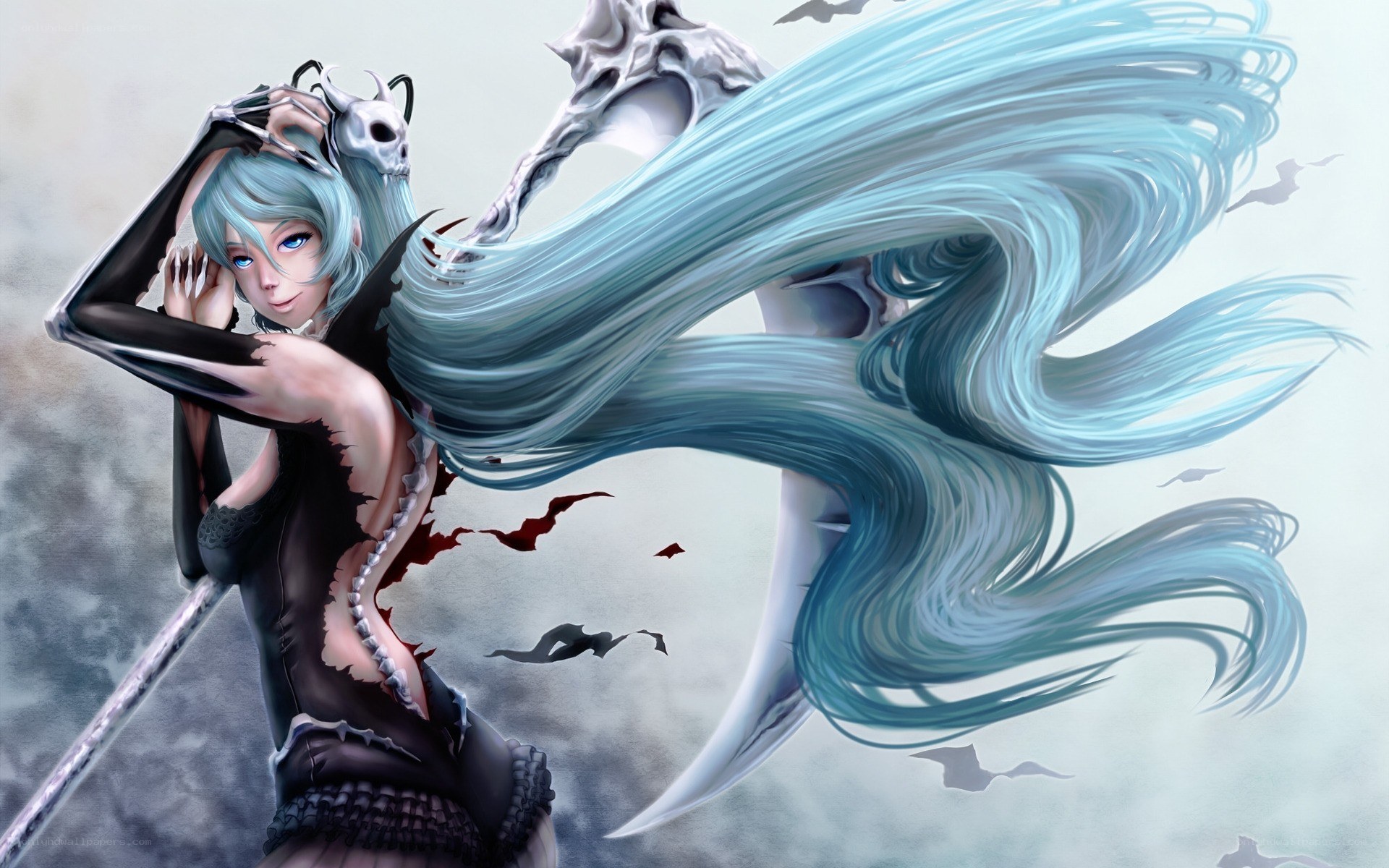 blue-haired warrior with skull staff