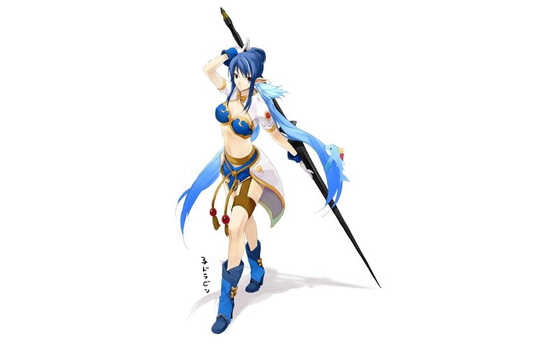 blue-haired warrior with spear