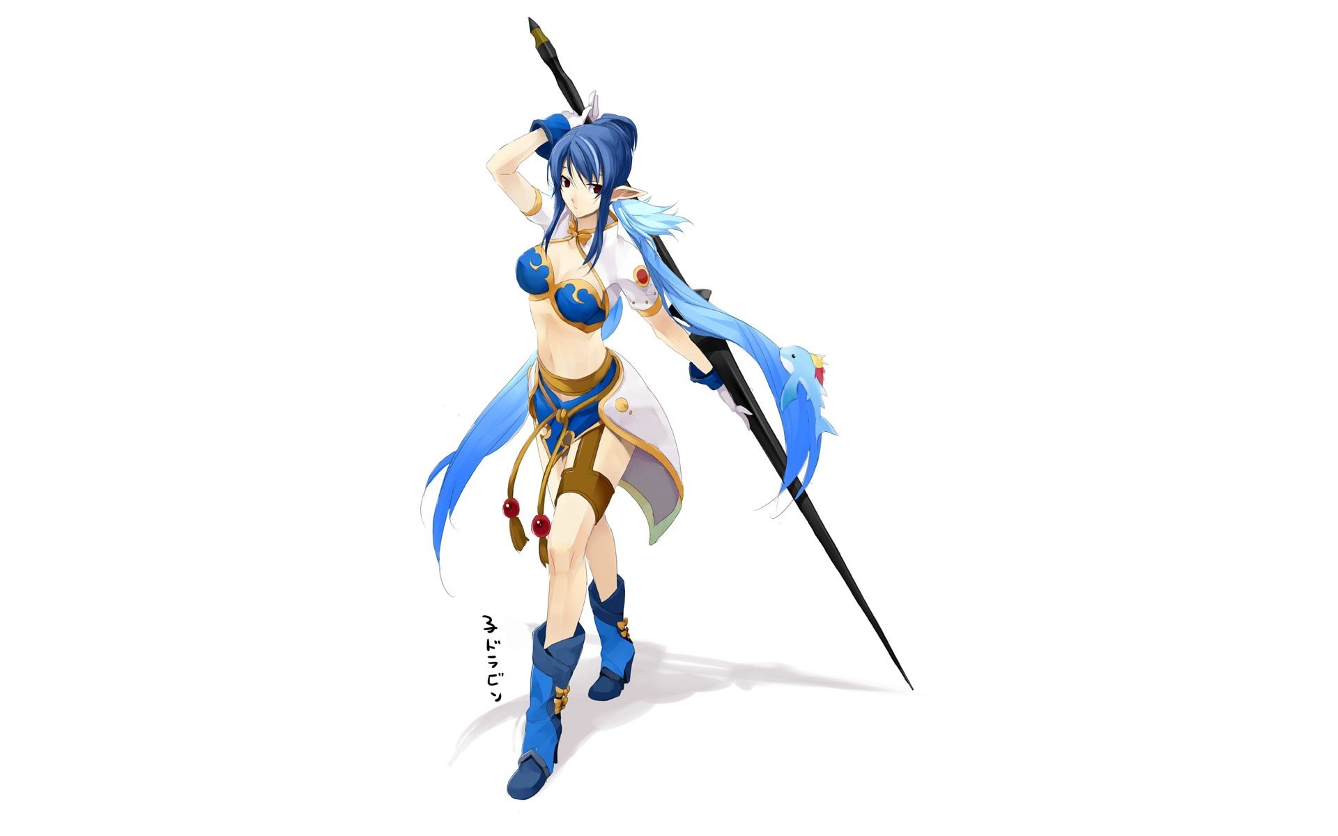 blue-haired warrior with spear
