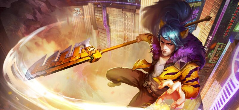 Blue-haired Warrior with Spear — Purple
