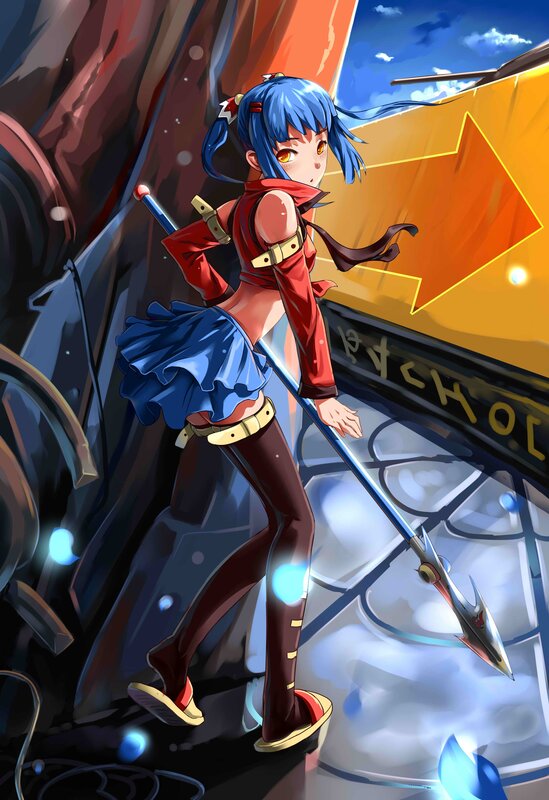 blue-haired warrior with spear