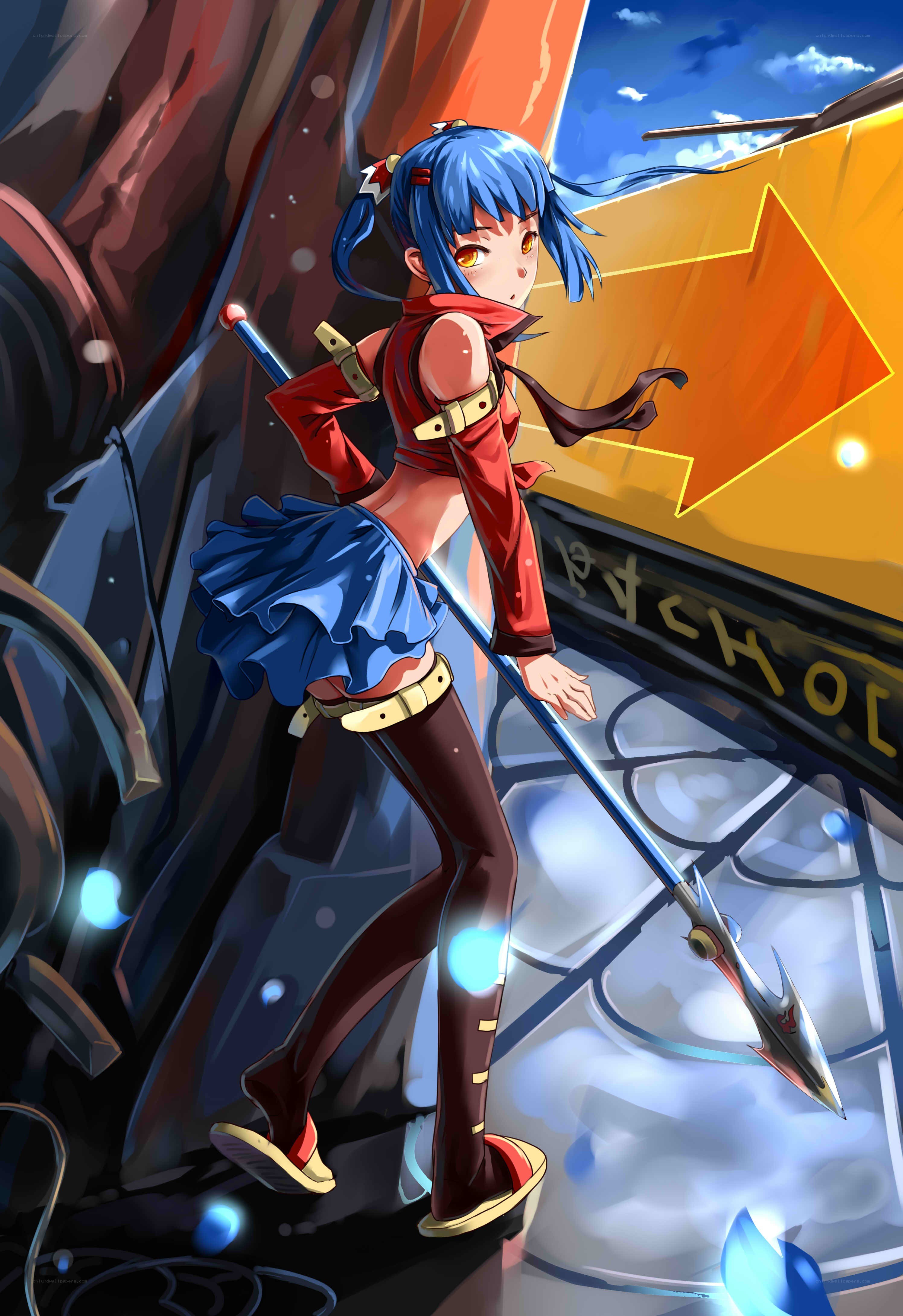 blue-haired warrior with spear