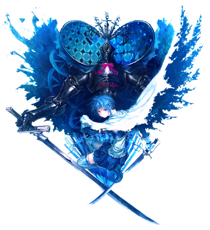 blue-haired warrior with sword