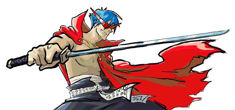 blue-haired warrior with sword