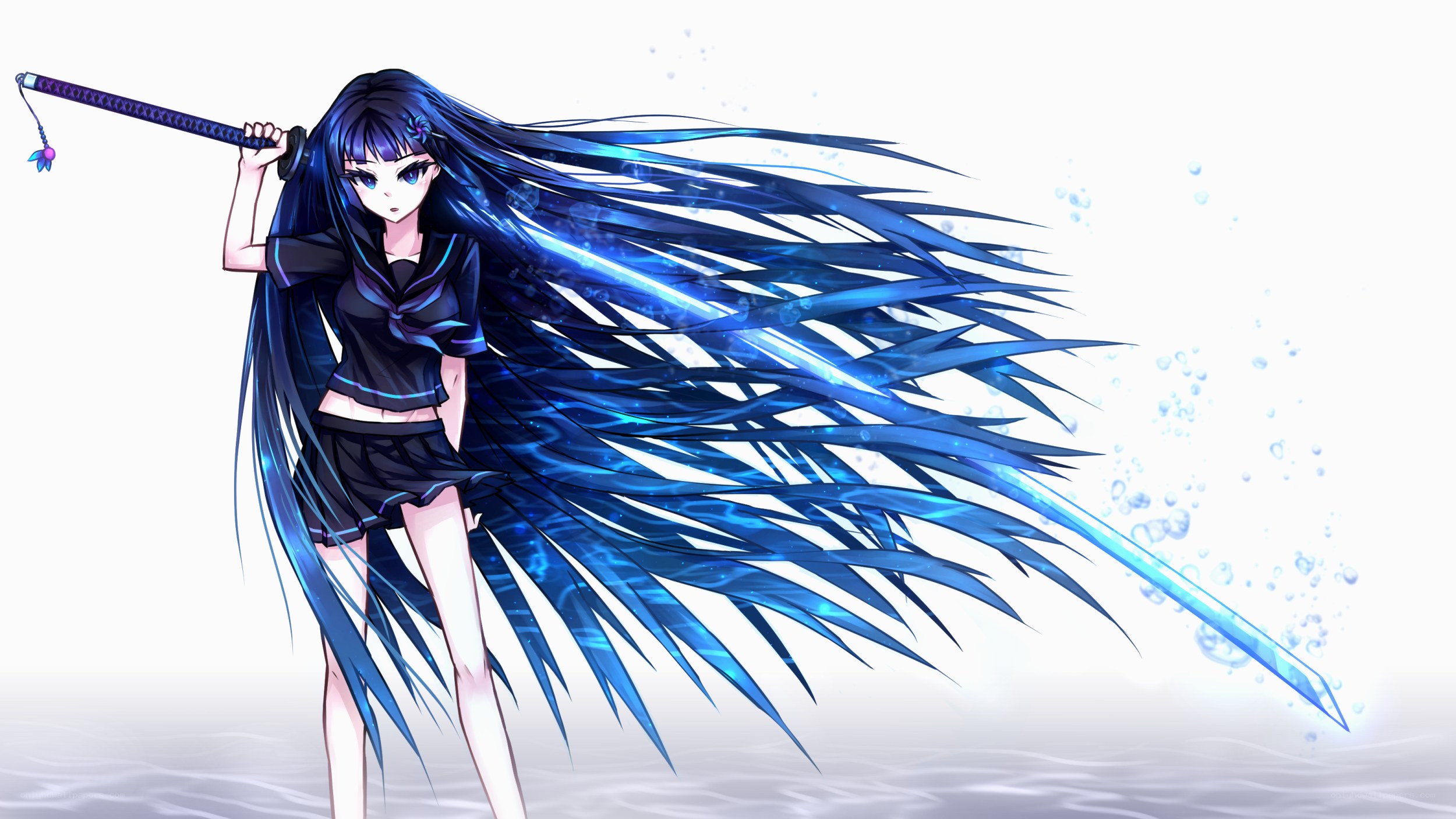 blue-haired warrior with sword
