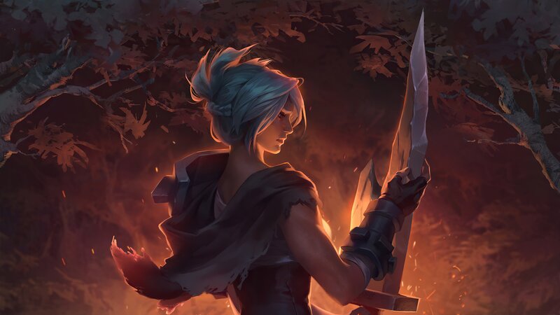 Blue-haired Warrior with Sword — Orange, Dramatic, Night