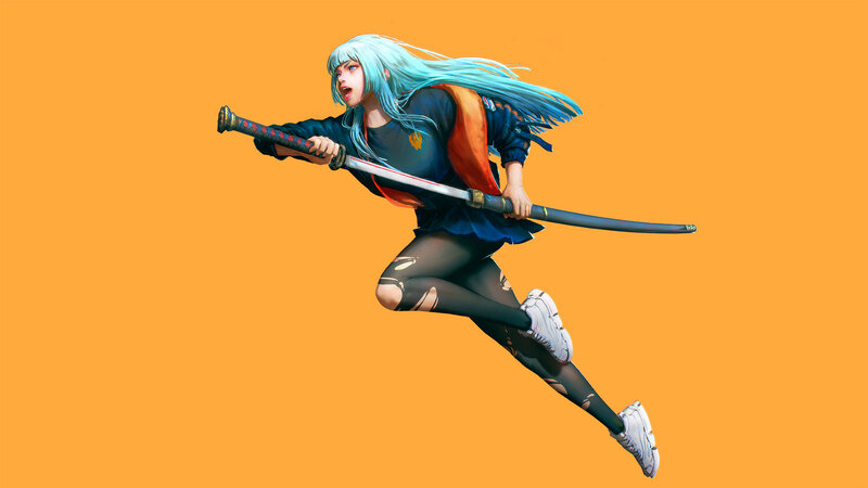 Blue-haired Warrior with Sword — Orange, Dynamic