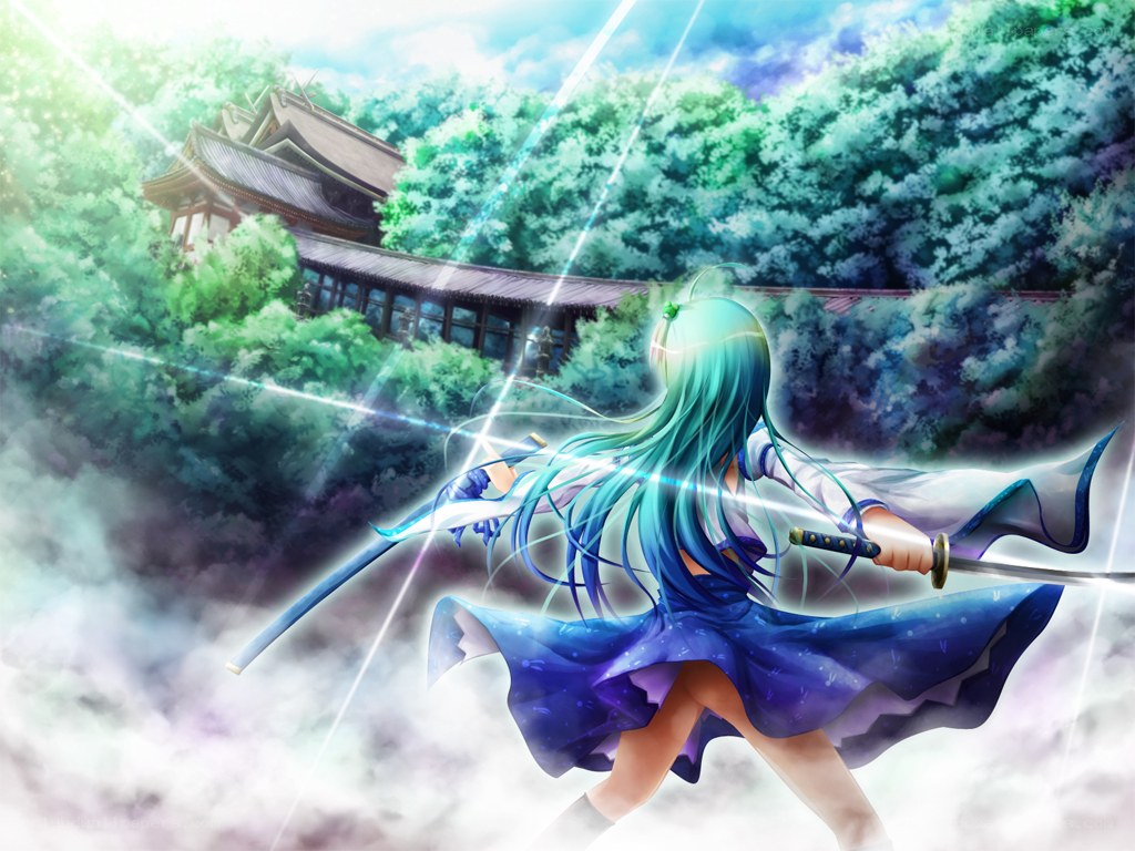Blue-haired warrior with swords