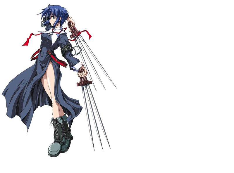 blue-haired warrior with swords