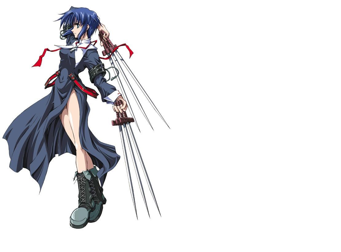 blue-haired warrior with swords
