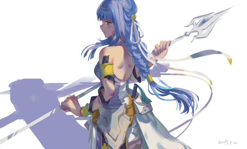 Blue-haired Warrior Woman — Blue, Dramatic, Digital Art, Spear