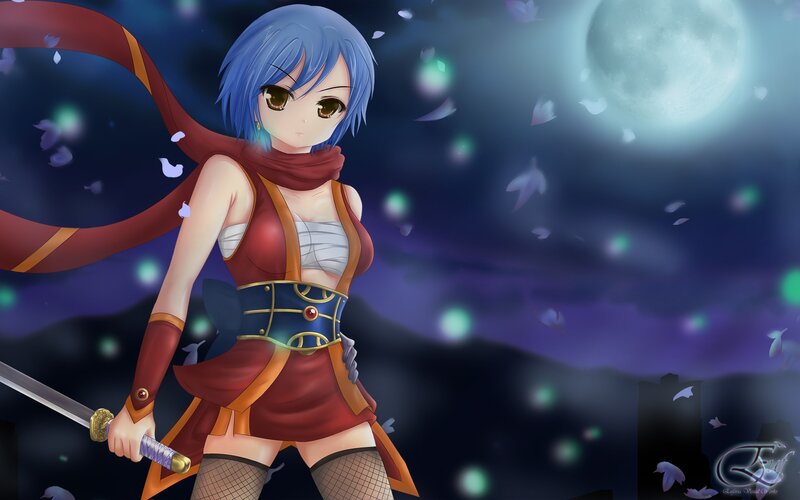 Blue-haired Warrior Woman — Blue, Dramatic, Night, Digital Art, Sword, Moon