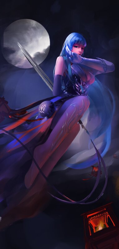 Blue-haired Warrior Woman — Blue, Dramatic, Night, Digital Art, Sword