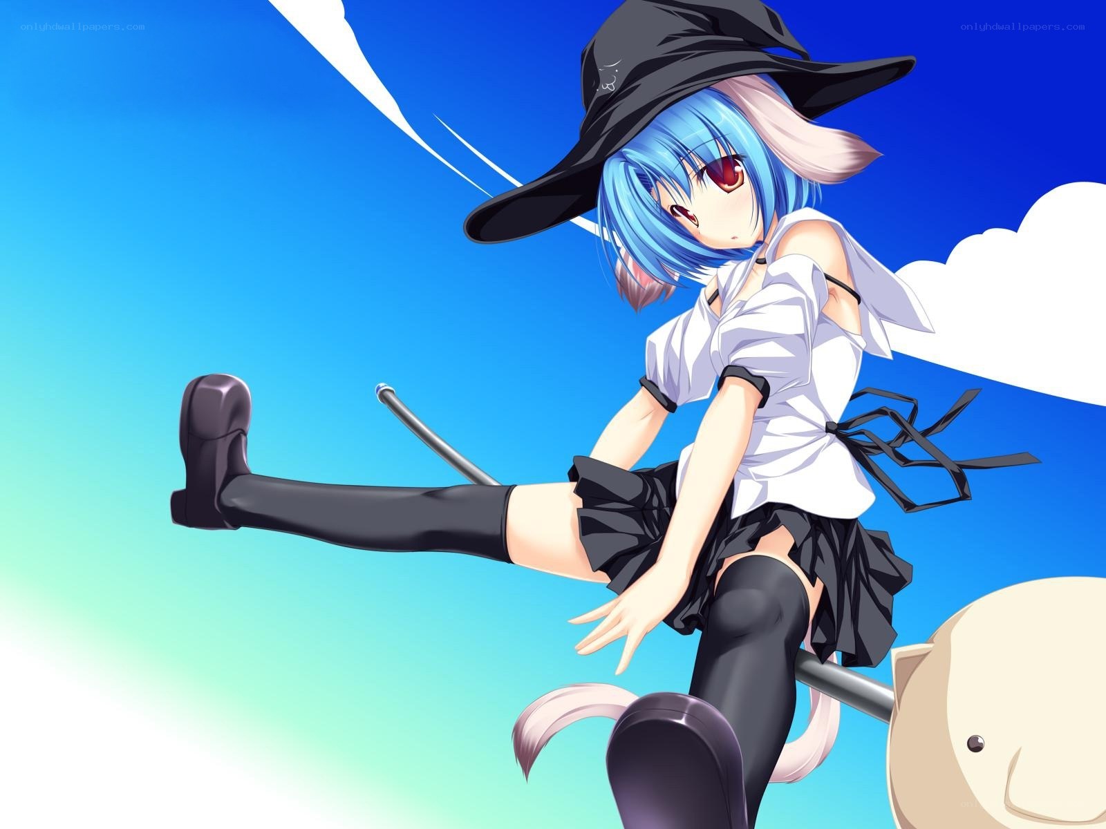 blue-haired witch flying on broom