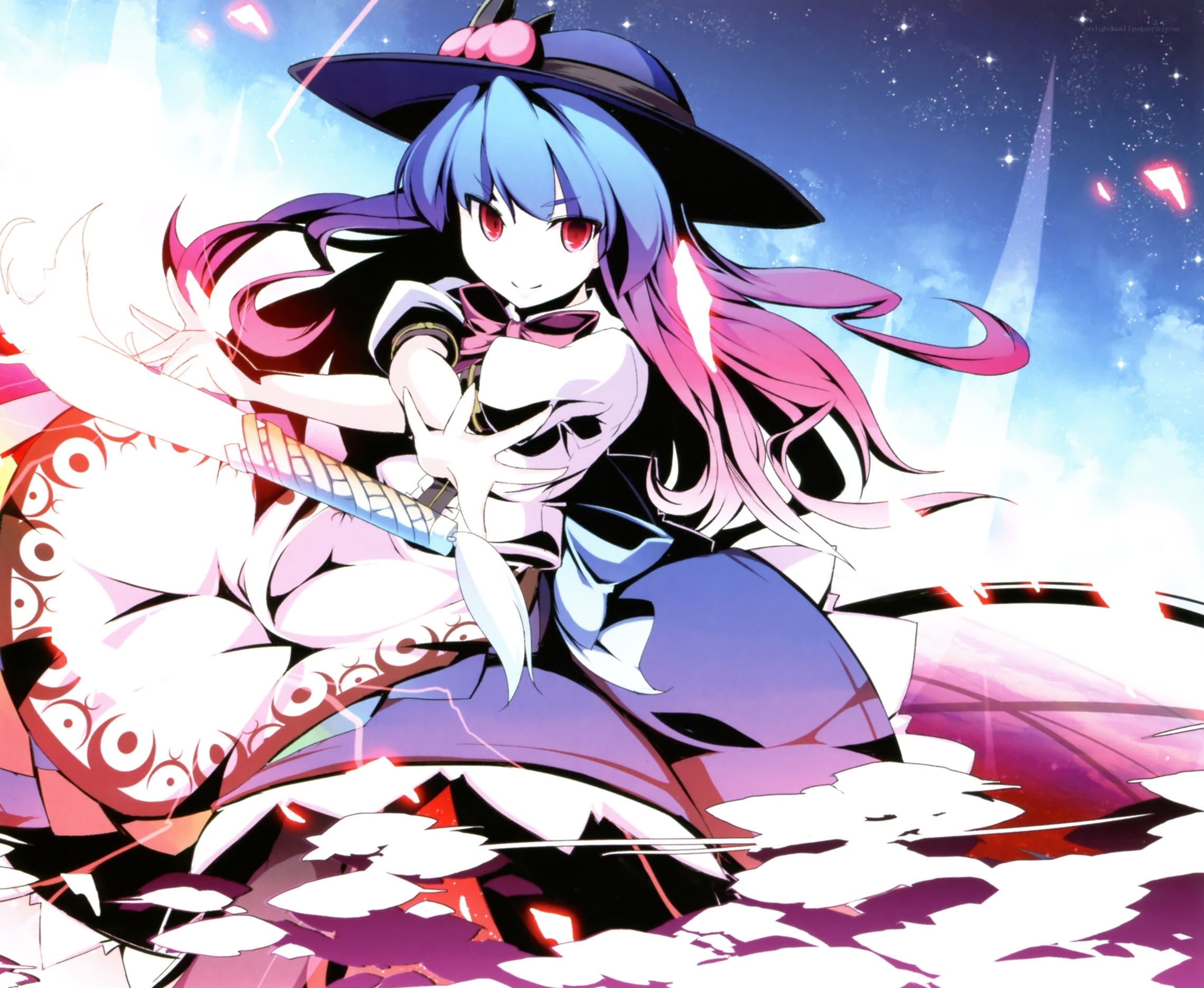 blue-haired witch in action