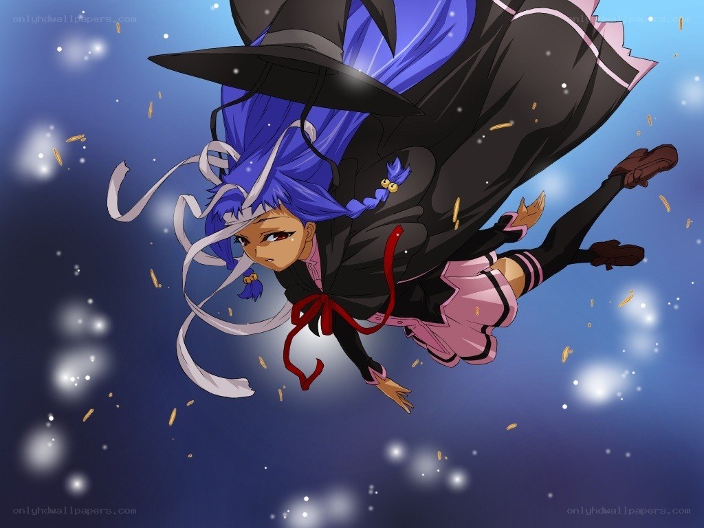 blue-haired witch in flight