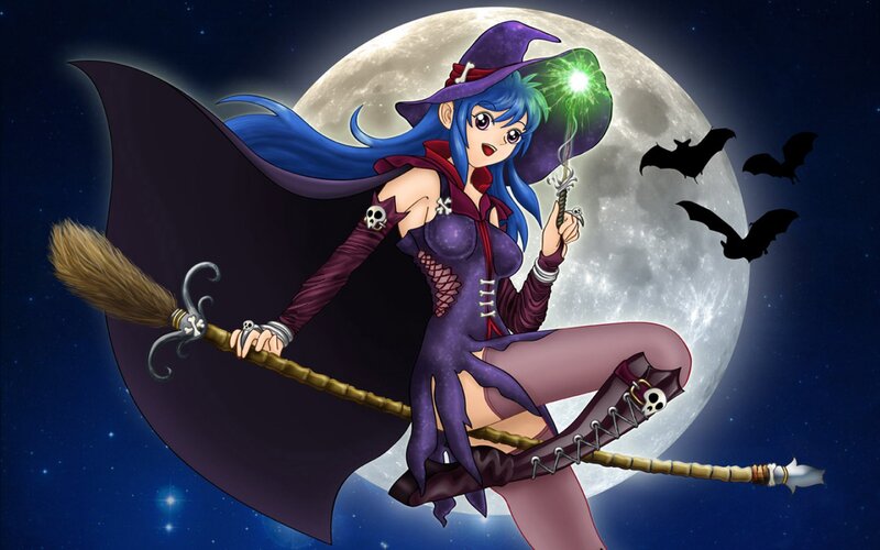 Blue-haired Witch on Broom