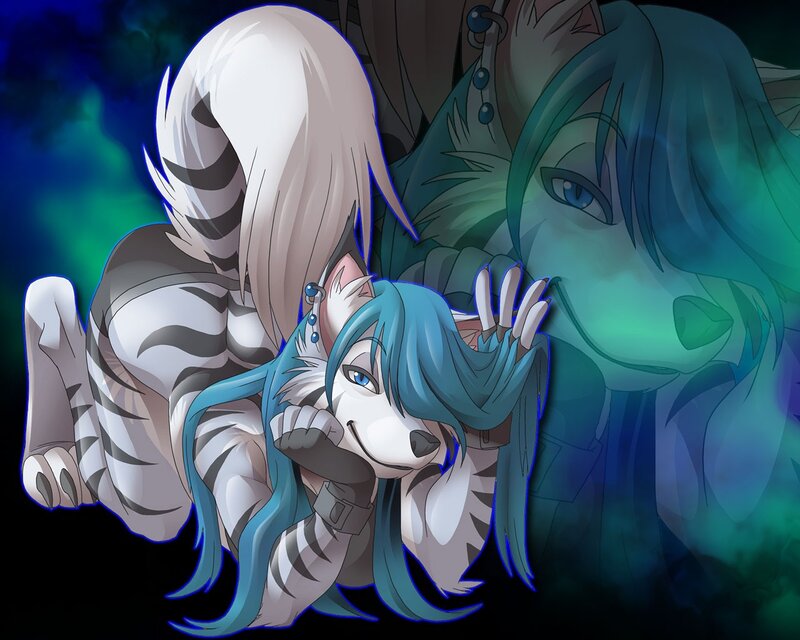 blue-haired wolf character illustration