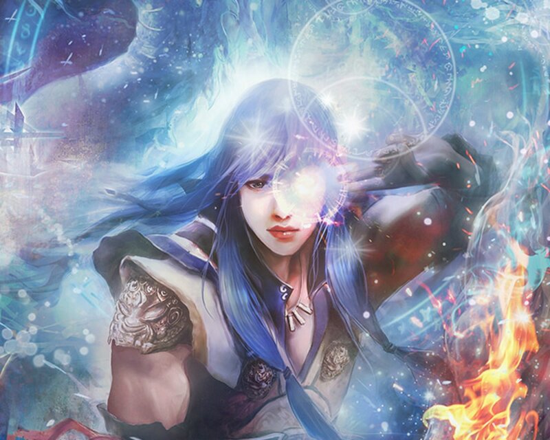 Blue-haired Woman Casting Spell — Blue, Dramatic