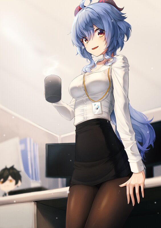 Blue-haired Woman Holding Cup
