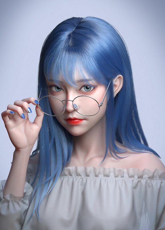 Blue-haired Woman Holding Glasses