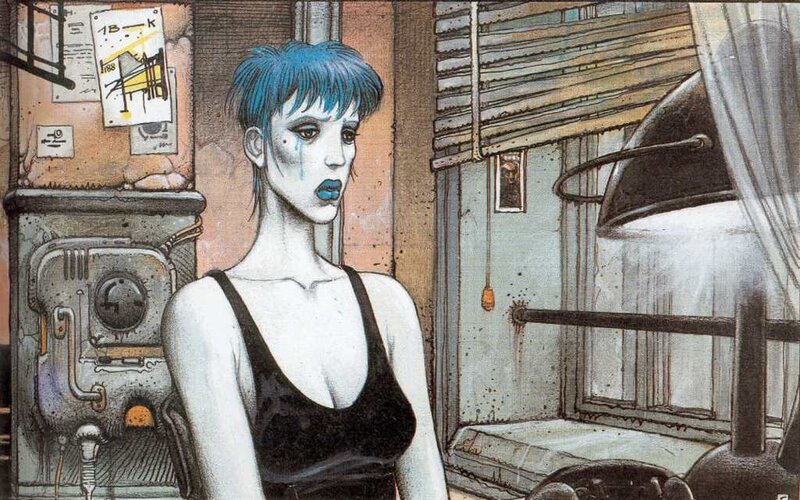 blue-haired woman in a grimy room