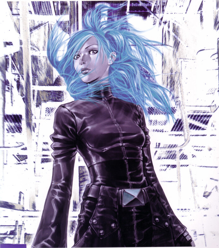 blue-haired woman in black leather
