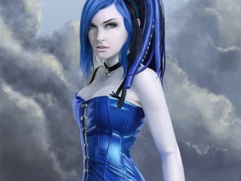 blue-haired woman in corset