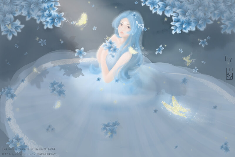 Blue-haired Woman in Dress — Blue, Serene, Night, Digital Art