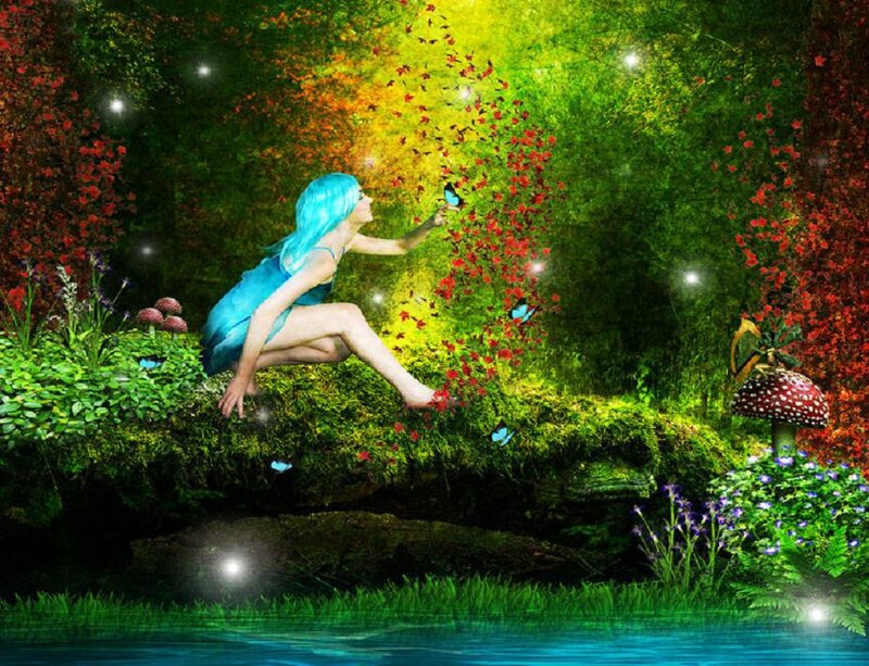 Blue-haired Woman in Forest — Green