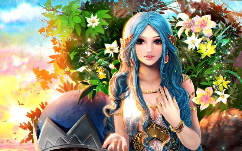 Blue-haired Woman in Garden